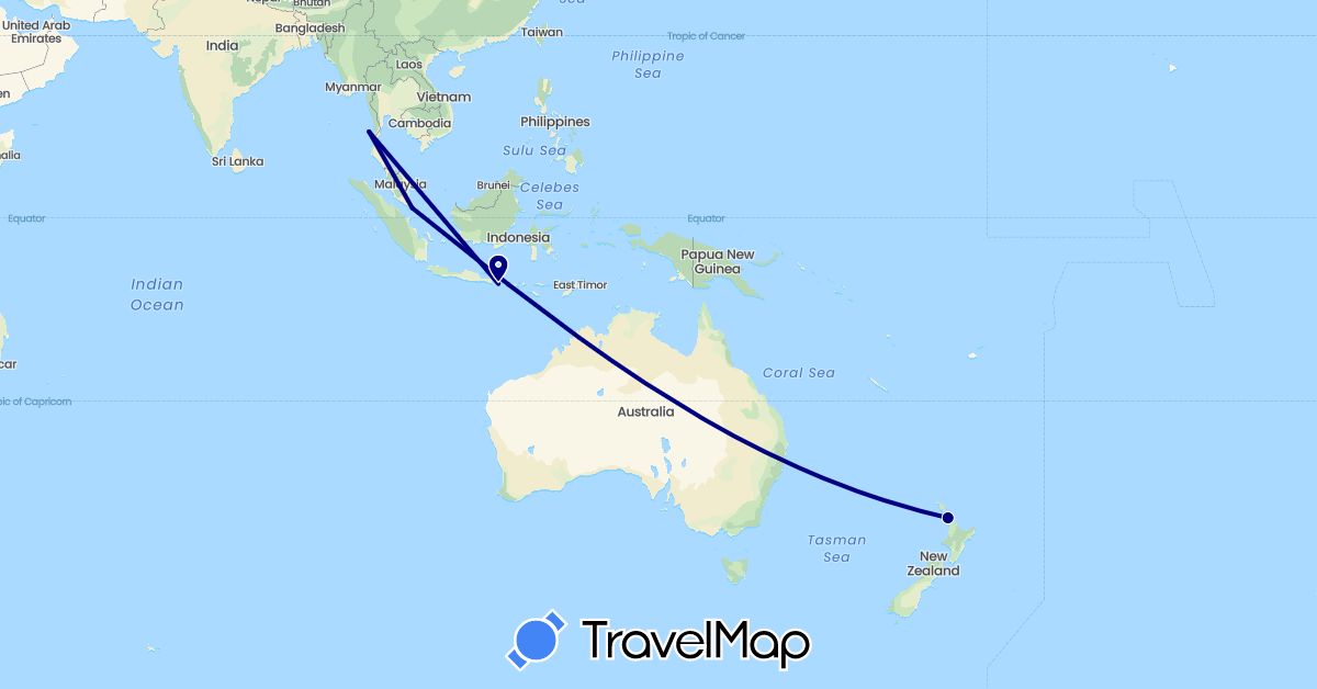 TravelMap itinerary: driving in Indonesia, Malaysia, New Zealand, Singapore (Asia, Oceania)